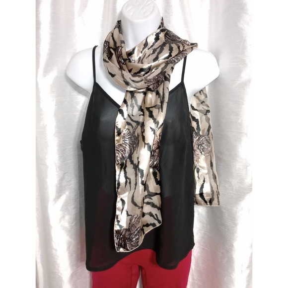 SATIN mesh stripe tiger scarf black tan ivory - Picture 2 of 6